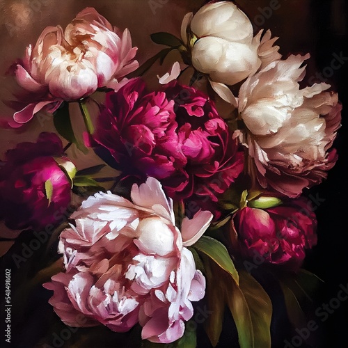 Beautiful peonies flowers bouquet crimson and cream colors, printable square oil painting, barouque style