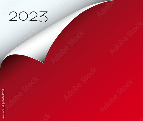 Rotes Papierblatt mit Eselsohr für 2023, Vektor Illustration isoliert auf weißem Hintergrund 