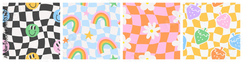 Colorful trendy checker board square seamless pattern collection. Set of geometric pastel square background in vintage psychedelic y2k style. Includes floral, rainbow and happy face prints.