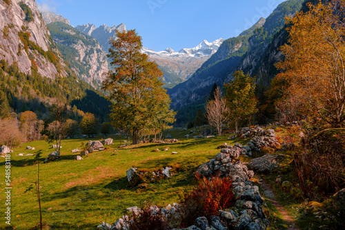 A clear autumn morning in Mello's and Masino's Valley, Lombardy northern Italy Alps