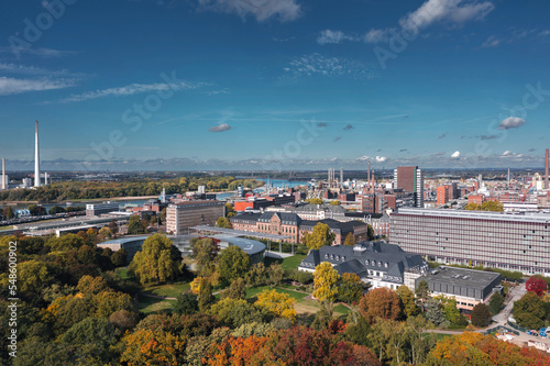 Leverkusen, North Rhine-Westphalia, Germany - October 2022: Aerial autumn panorama of Chempark (Bayerwerk) plant, industrial park for chemical industry, headquarters of Bayer AG