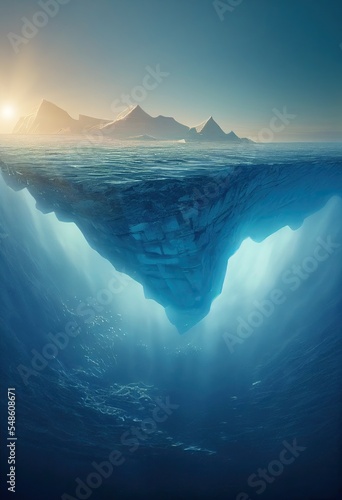 An arctic iceberg floats in clear blue water, hiding covert danger underwater. Climate change and global warming concepts. Melting glaciers and hidden threats and meanings are concealed underwater.