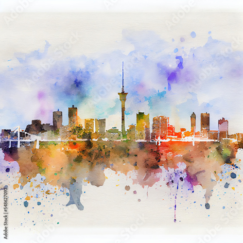 Auckland Skyline — painted in expressive vibrant watercolor washes on thick watercolor paper