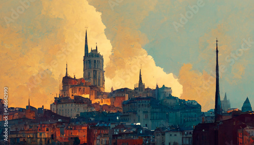 Lyon cityscape old buildings with dreamy sky