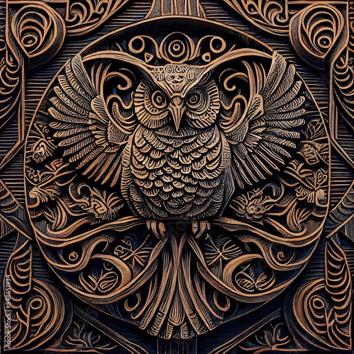 Woodcut bas relief of the owl of the illuminati, intricate details, ornate symbols, arabesque carvings. Book Illustration. Video Game Characters. Serious Digital Painting. CG Artwork Background. 