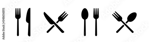 Silverware solid monochrome icon set. Fork, Spoon and Knife icons.