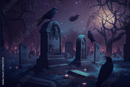 Horror cemetery at night with full moon and ravens. Digital art