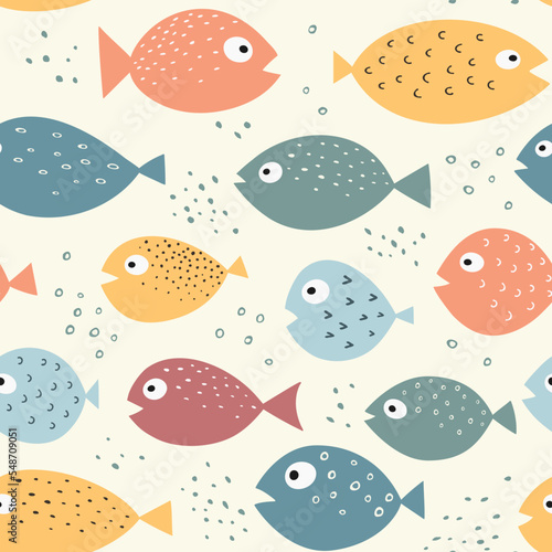 Seamless pattern with cute colorful fish. Simple flat vector illustration.