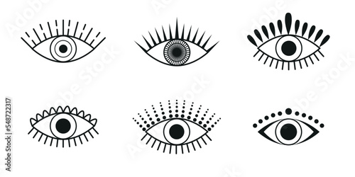 Set of vector eye icons in boho style for design and tattoo