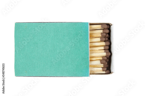 Close-up of a green matchbox isolated on white background with clipping path