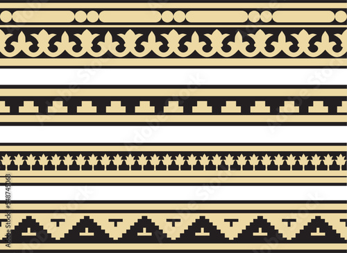 Vector set of gold and black seamless classic byzantine ornament. Endless border, Ancient Greece, Eastern Roman Empire frame. Decoration of the Russian Orthodox Church..