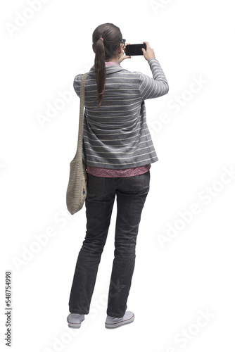 Casual woman taking pictures with her phone PNG file no background
