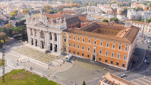 Aerial view of the Basilica of Saint John Lateran, also referred to as the Cathedral of Rome. It is the oldest basilica in western Europe and the most important of the major papal basilicas.