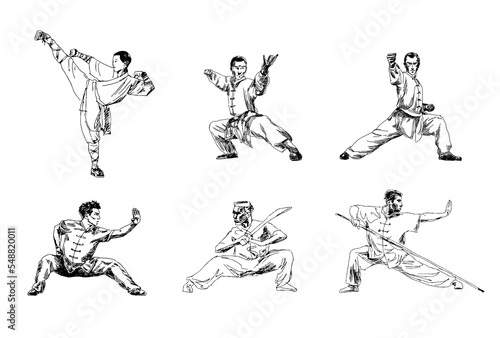 Set of hand drawing of a man showing wushu, kung fu stance. Editable vector sketch illustration