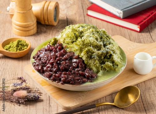 Red Bean Matcha Ice served in bowl isolated on table top view of asian food