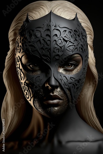 Beautiful blonde in black venetian mask. Isolated on black.