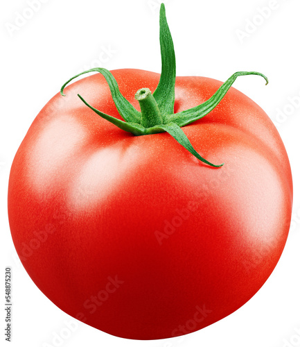 Red tomato with green leaf isolated on white or transparent background with clipping path. Full Depth of Field