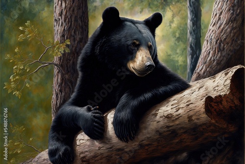 Black Bear Lying On Tree