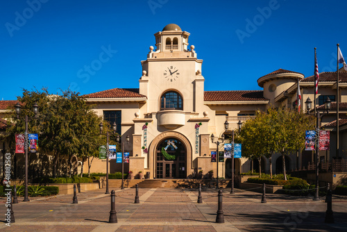 Temecula City Hall building with Christmas Greetings on a bright sunny autumn day with blue sky in Southern California, USA