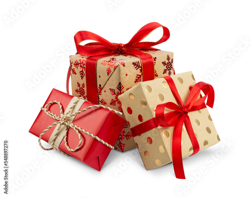 Gift boxes with the red ribbons in eco paper isolated on the white background