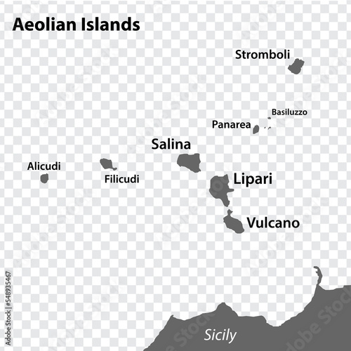 Blank map Aeolian Islands in gray. Every Island map is with titles. High quality map of Aeolian Islands on transparent background for your design. Italy. EPS10.