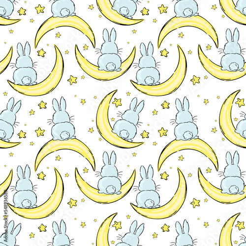 Good Night rabbit seamless pattern with cute sleeping moon, stars and bunny back. Sweet dreams background. Vector illustration