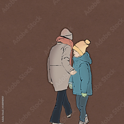 Dwoje dzieci w zimowych ubraniach na brązowym tle.
