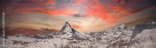 The panoramic of sunset sky scene view to the majestic Matterhorn mountain, Valais, Switzerland