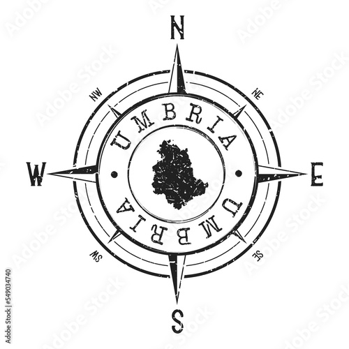 Umbria, Italy Stamp Map Compass Adventure. Illustration Travel Country Symbol. Seal Expedition Wind Rose Icon.