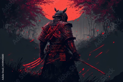Japanese warrior. Samurai in red armor.