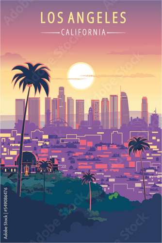 Los Angeles city skyline sunset vector illustration, California United States. 