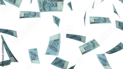 Several banknotes of money flying on a black background. 100 reais. Money from Brazil. 3d rendering.