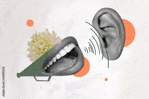 Composite collage picture of human mouth speak tell ear listen hear black white gamma isolated on creative background