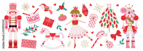 Christmas set of characters from the winter tale ballet Nutcracker's story. Nutcracker, mouse king, princess ballerina, snowflakes, gifts, christmas tree, toys, drumm mistletoe, berries. Vector.