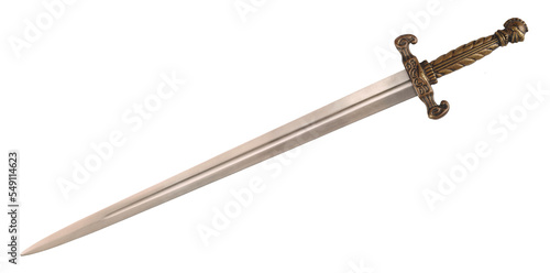 Old sword medieval weapon blade knight equipment with ornate handle isolated on white background