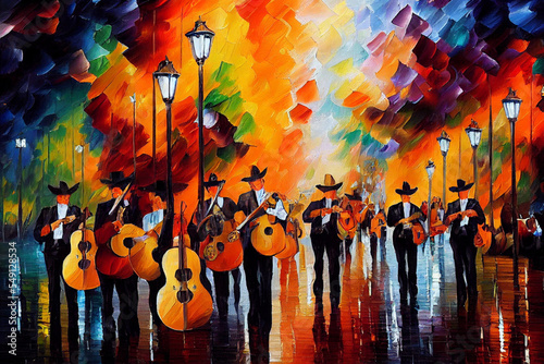 Mexican mariachi on zocalo in the evening performing a song illustration, latino street musicians in traditional costumes multicolored painting, Generative AI