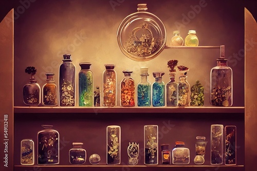cozy alchemic room with shelves on wall, potions and vials
