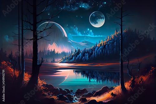 digital oil paintings landscape, artwork, a body of water with trees around it and a moon in the sky, illustration with water atmosphere
