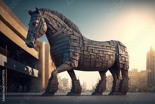 Trojan horse in a city, created with generative AI 