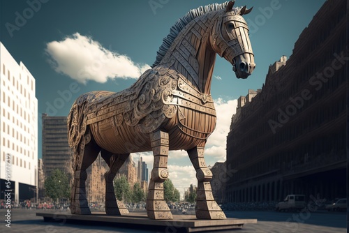 Trojan horse in a city, created with generative AI 