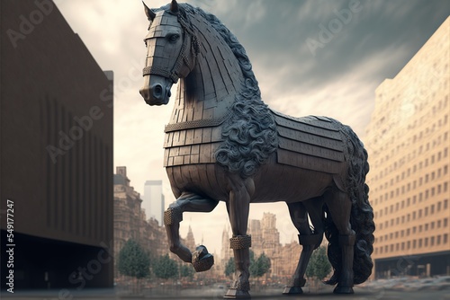 Trojan horse in a city created with generative ai, created with generative AI 