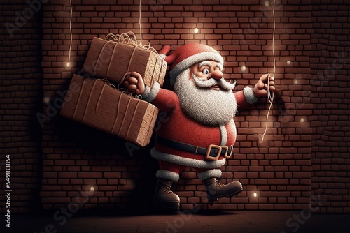 cute Santa deliver package by rappel from above with Christmas light glow , Generative Ai