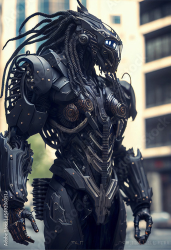 A Full Body Robotic Android with Dreadlocks and Cybernetic Metallic Helmet and Body Armor Suit
