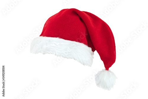 Real photo of a red Christmas Santa Claus hat with a white pompom, Santa hat isolated on transparent background, holiday greetings, png file