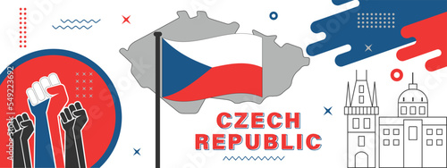 Czechia or czech republic national day banner for Independence day with abstract modern design. Flag and map with typography and red blue color theme. landmarks, raised fists and geometric background.