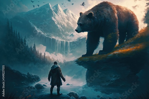 Man confront with a giant bear in the forest. fiction. fantasy scenery. concept art.