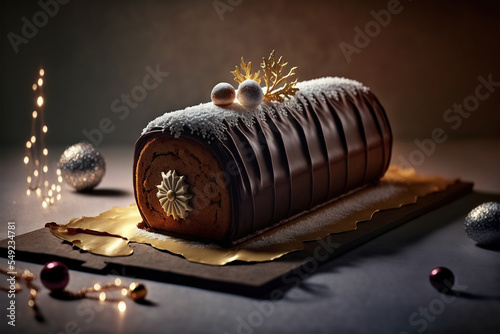 traditional french buche de noel christmas cake in a french patisserie