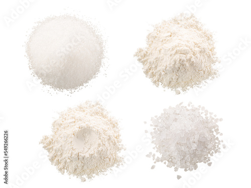 Salt, sugar and flour in piles isolated png, top view
