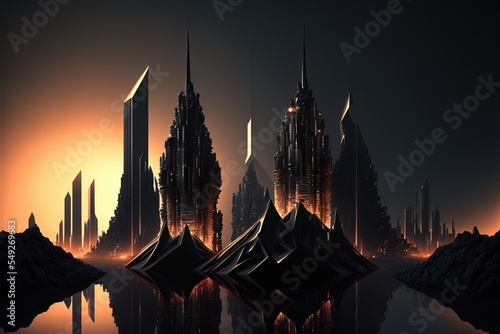 Futuristic city. Alien city made from vendetta black obsidian.