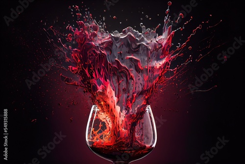 Computer-generated image of exploding glass of red wine merlot. Photorealism and 3D shading to create a busy action-shot with your favorite foods going boom